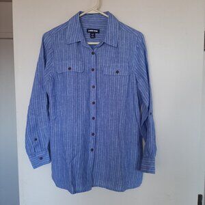Lands' End Women's Linen Blue White Stripe Two Pocket Button Down Shirt SP